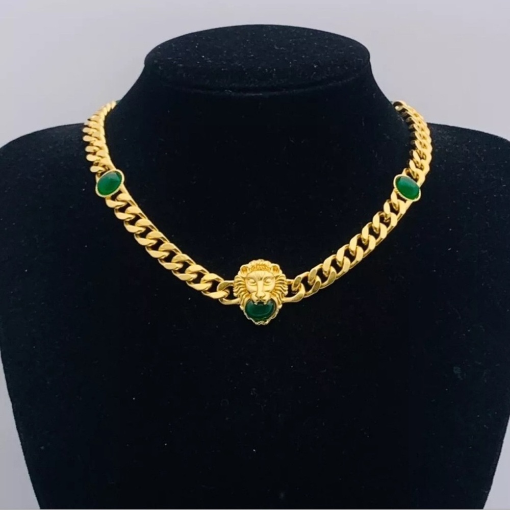 Gucci Gold and Green Lion Head Necklace